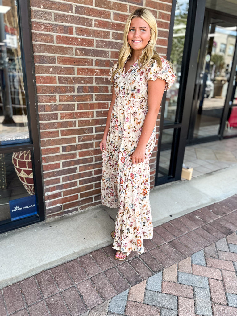 ENTRO INC Women's Dresses Floral Print Short Bubble Puff Sleeve Midi Tiered Dress || David's Clothing