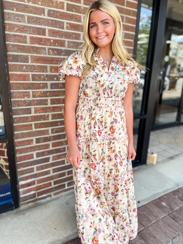 ENTRO INC Women's Dresses Floral Print Short Bubble Puff Sleeve Midi Tiered Dress || David's Clothing