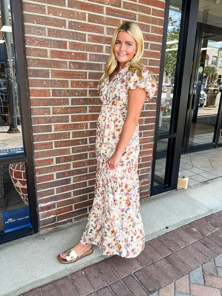 ENTRO INC Women's Dresses Floral Print Short Bubble Puff Sleeve Midi Tiered Dress || David's Clothing