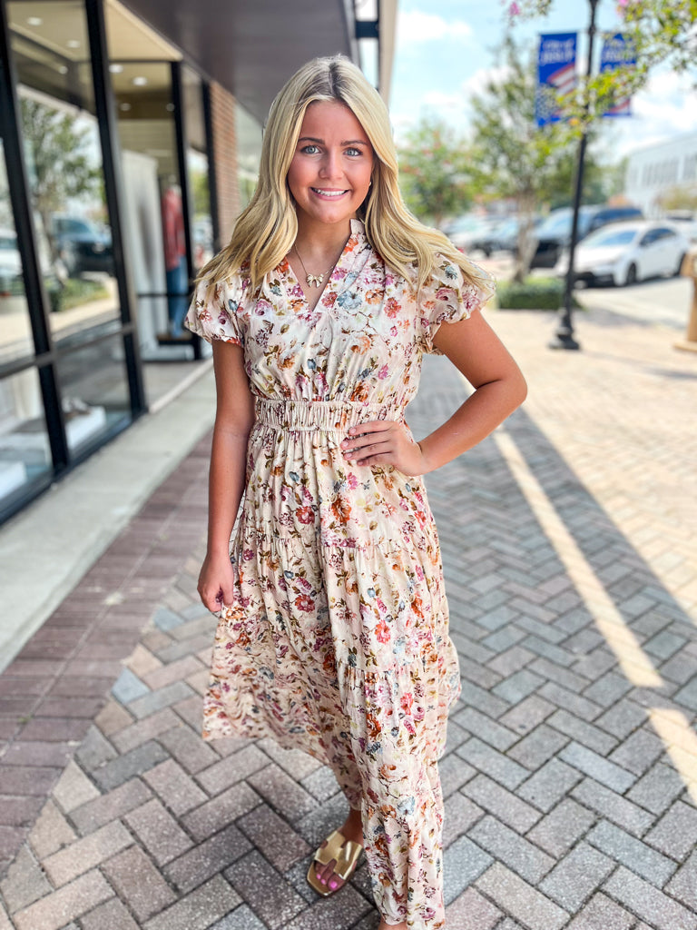 ENTRO INC Women's Dresses Floral Print Short Bubble Puff Sleeve Midi Tiered Dress || David's Clothing