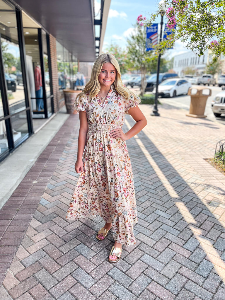 ENTRO INC Women's Dresses Floral Print Short Bubble Puff Sleeve Midi Tiered Dress || David's Clothing