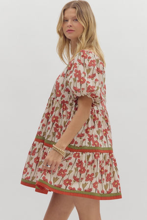 ENTRO INC Women's Dresses Floral Print Short Bubble Sleeve Pullover Tiered Mini Dress || David's Clothing