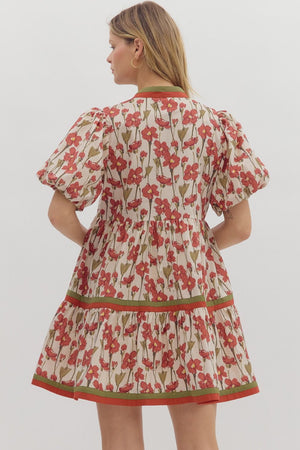 ENTRO INC Women's Dresses Floral Print Short Bubble Sleeve Pullover Tiered Mini Dress || David's Clothing