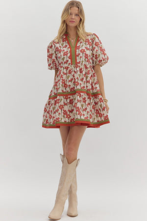ENTRO INC Women's Dresses Floral Print Short Bubble Sleeve Pullover Tiered Mini Dress || David's Clothing