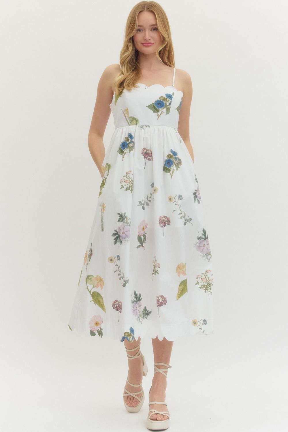 ENTRO INC Women's Dresses Floral Scallop Neckline Sleeveless Midi Dress