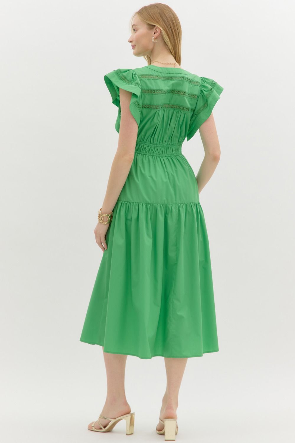 ENTRO INC Women's Dresses Flutter Sleeve Split V-Neck Pullover Tiered Midi Dress