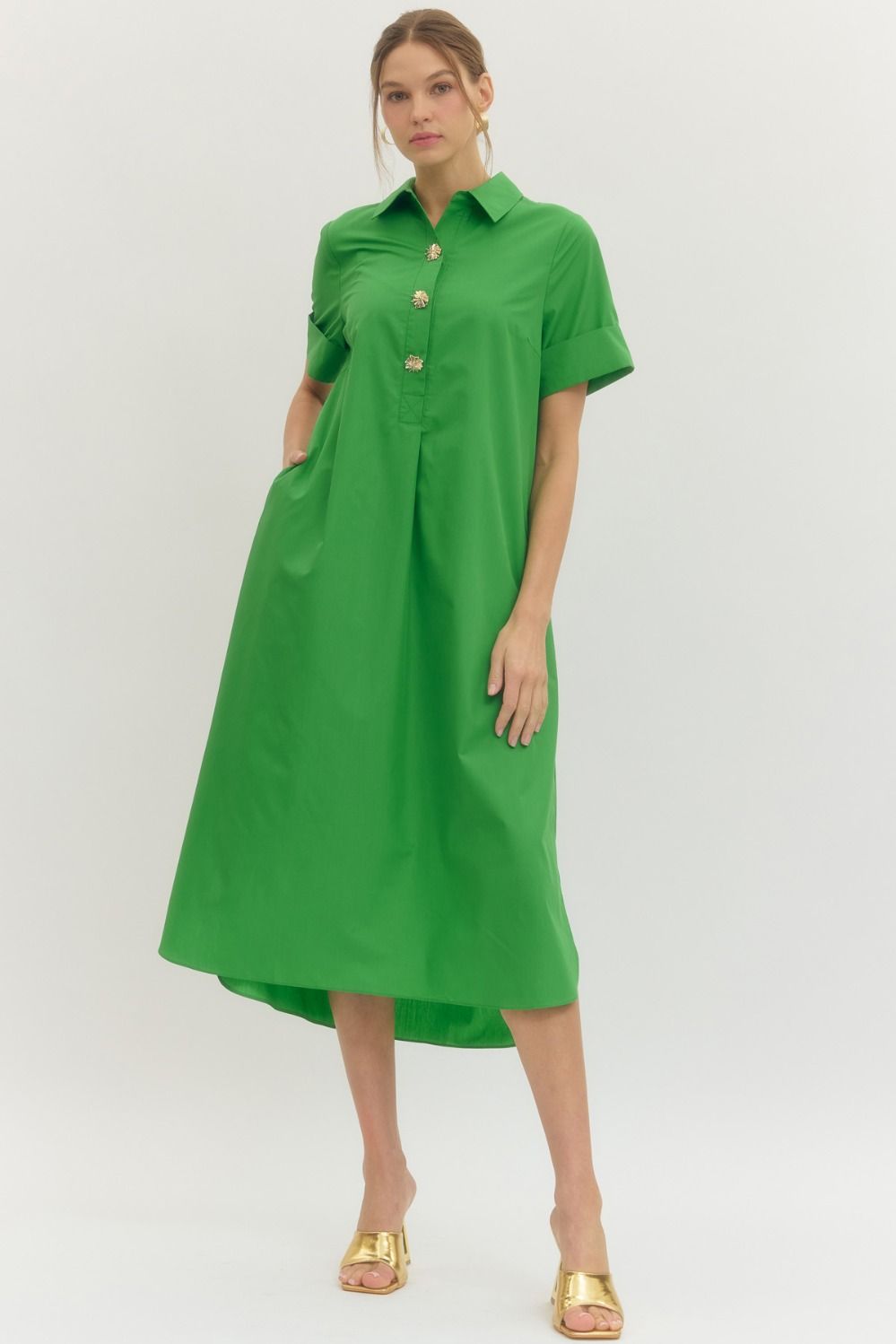 ENTRO INC Women's Dresses Gold Button Detail Short Sleeve Midi Dress