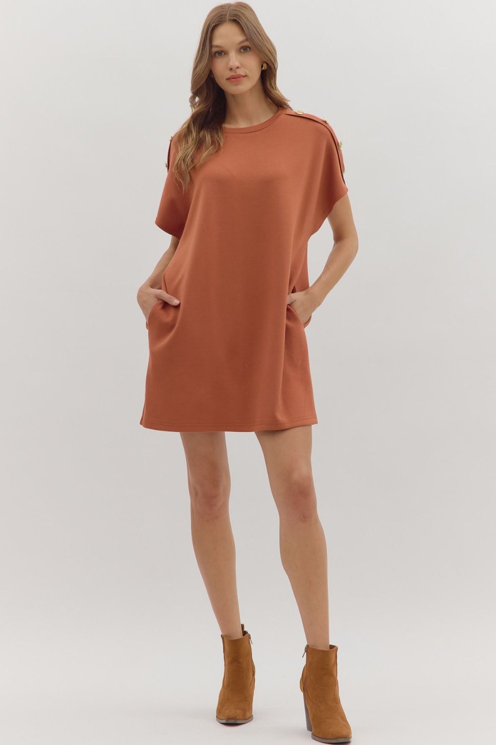 ENTRO INC Women's Dresses Gold Button Short Sleeve Mini Dress || David's Clothing