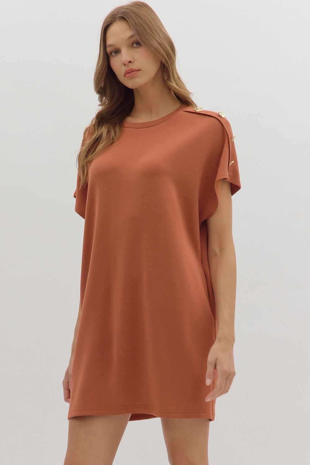 ENTRO INC Women's Dresses CLAY / S Gold Button Short Sleeve Mini Dress || David's Clothing D28005