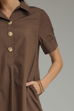 ENTRO INC Women's Dresses Gold Button Solid Short Sleeve Midi Dress