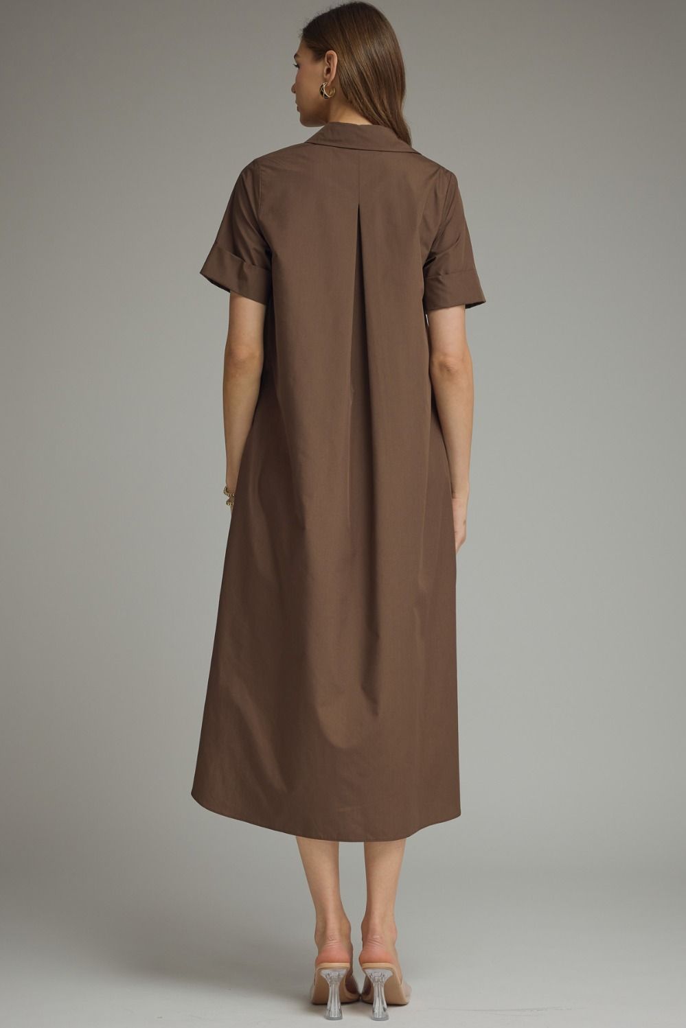 ENTRO INC Women's Dresses Gold Button Solid Short Sleeve Midi Dress