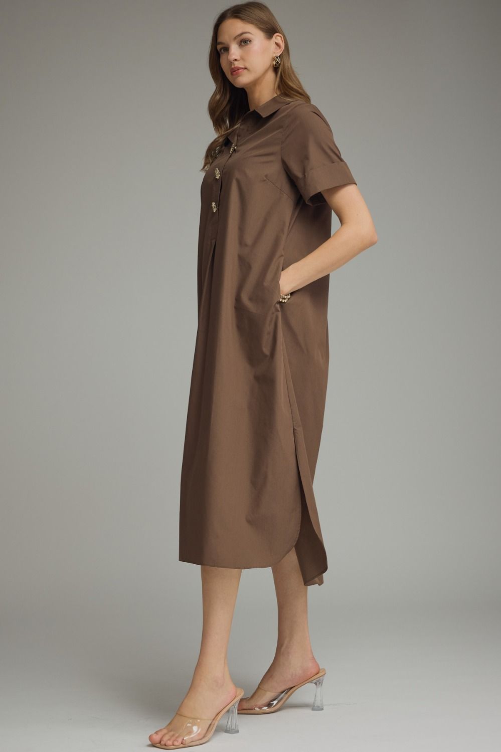 ENTRO INC Women's Dresses Gold Button Solid Short Sleeve Midi Dress