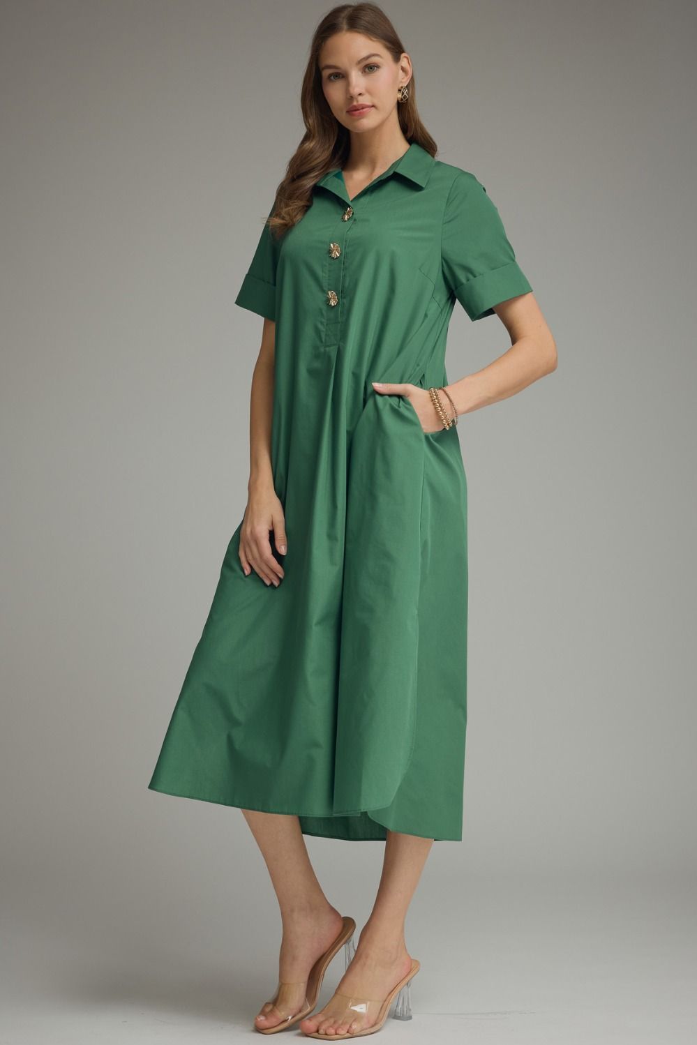 ENTRO INC Women's Dresses Gold Button Solid Short Sleeve Midi Dress