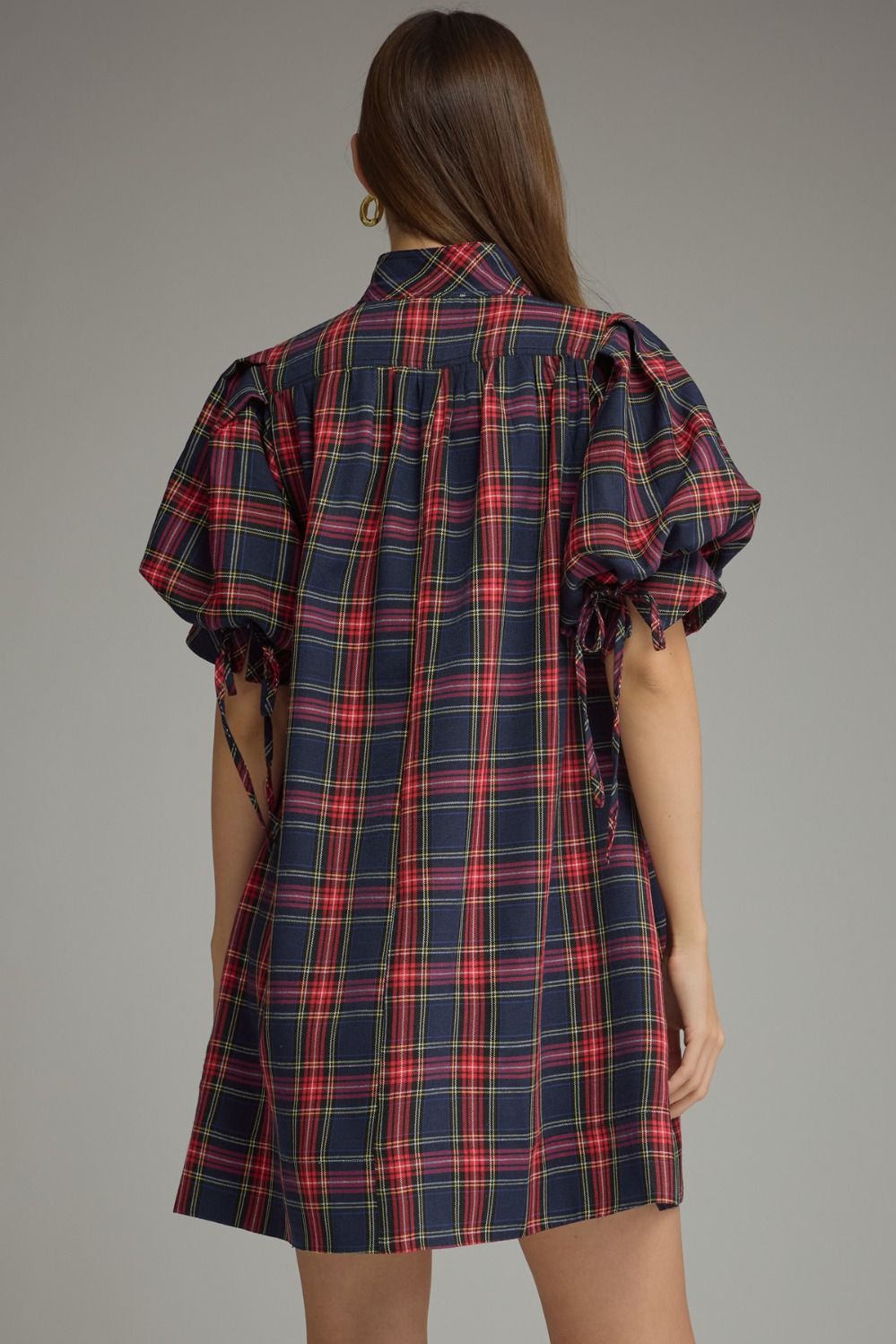 ENTRO INC Women's Dresses Holiday Plaid Short Puff Sleeve Mini Dress