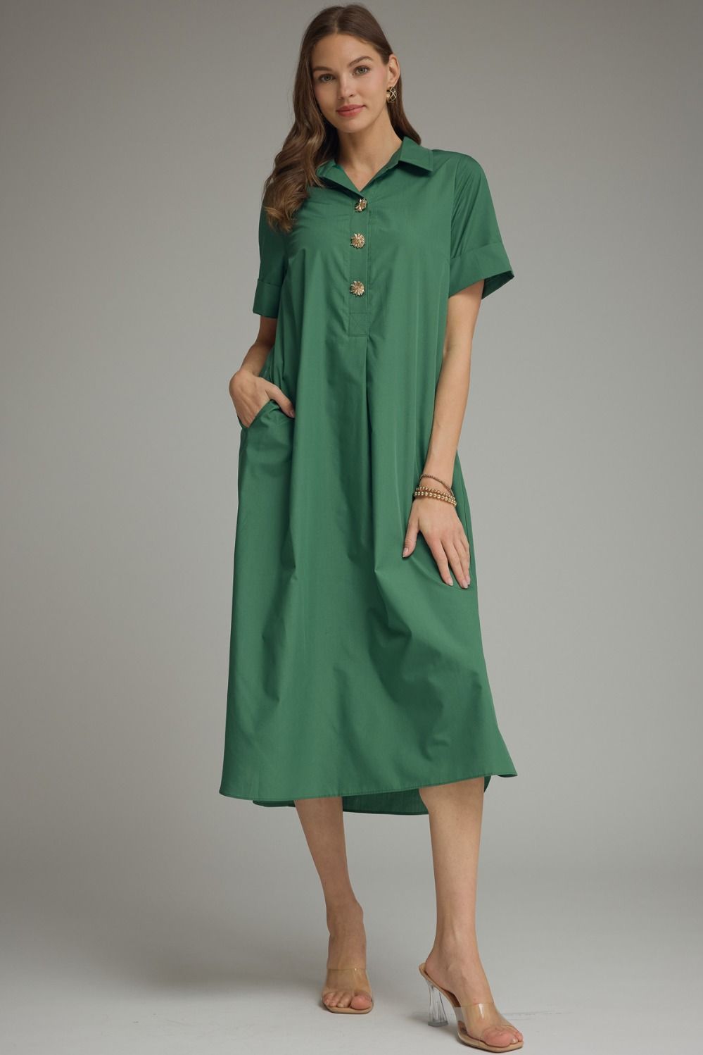 ENTRO INC Women's Dresses BROWN / S Gold Button Solid Short Sleeve Midi Dress D29516F
