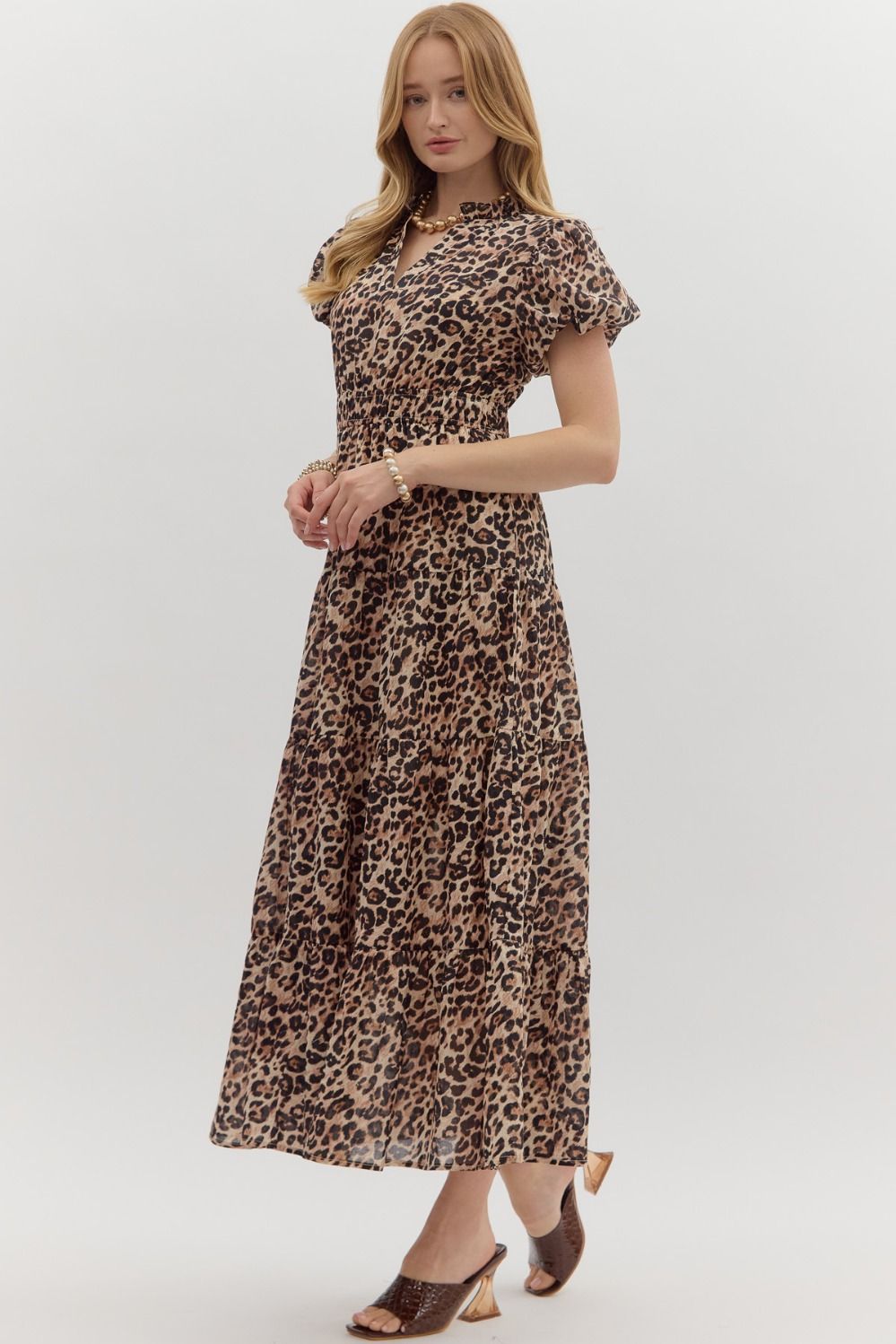 ENTRO INC Women's Dresses Leopard Pattern Short Bubble Sleeve Midi Dress || David's Clothing