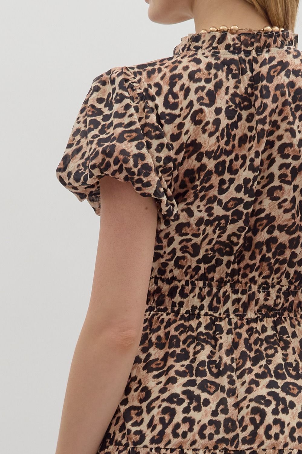 ENTRO INC Women's Dresses Leopard Pattern Short Bubble Sleeve Midi Dress || David's Clothing