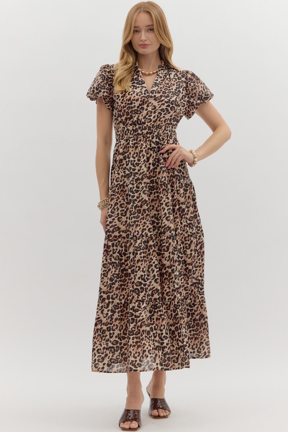 ENTRO INC Women's Dresses Leopard Pattern Short Bubble Sleeve Midi Dress || David's Clothing