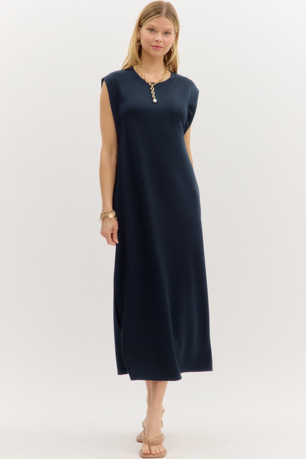 ENTRO INC Women's Dresses NAVY / S Solid Jersey Knit Pullover Midi Dress || David's Clothing D27101