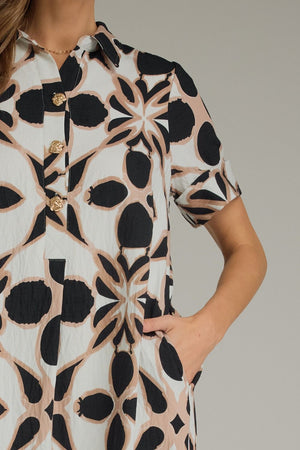 ENTRO INC Women's Dresses Pattern Print Short Sleeve Midi Shirt Dress