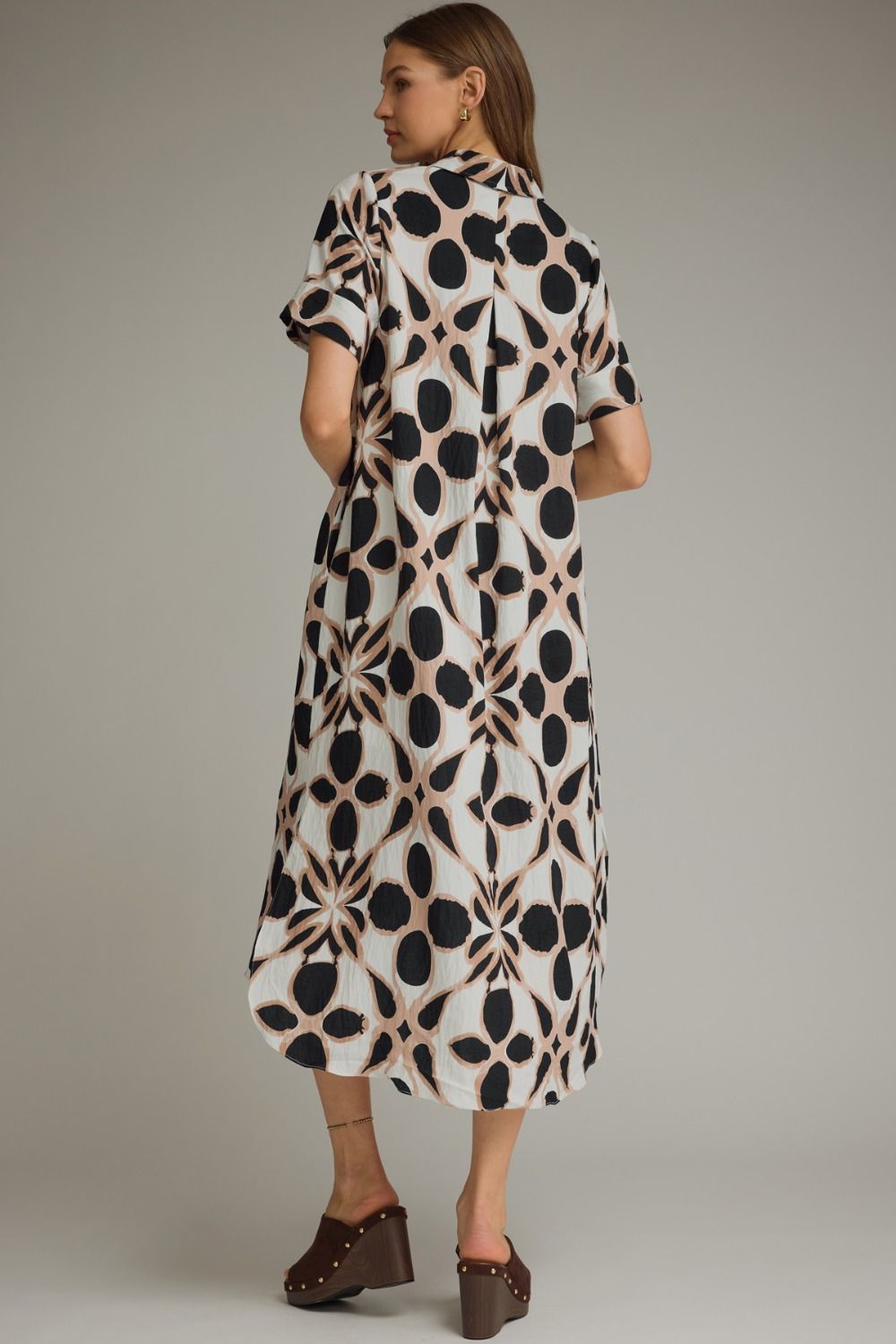 ENTRO INC Women's Dresses Pattern Print Short Sleeve Midi Shirt Dress