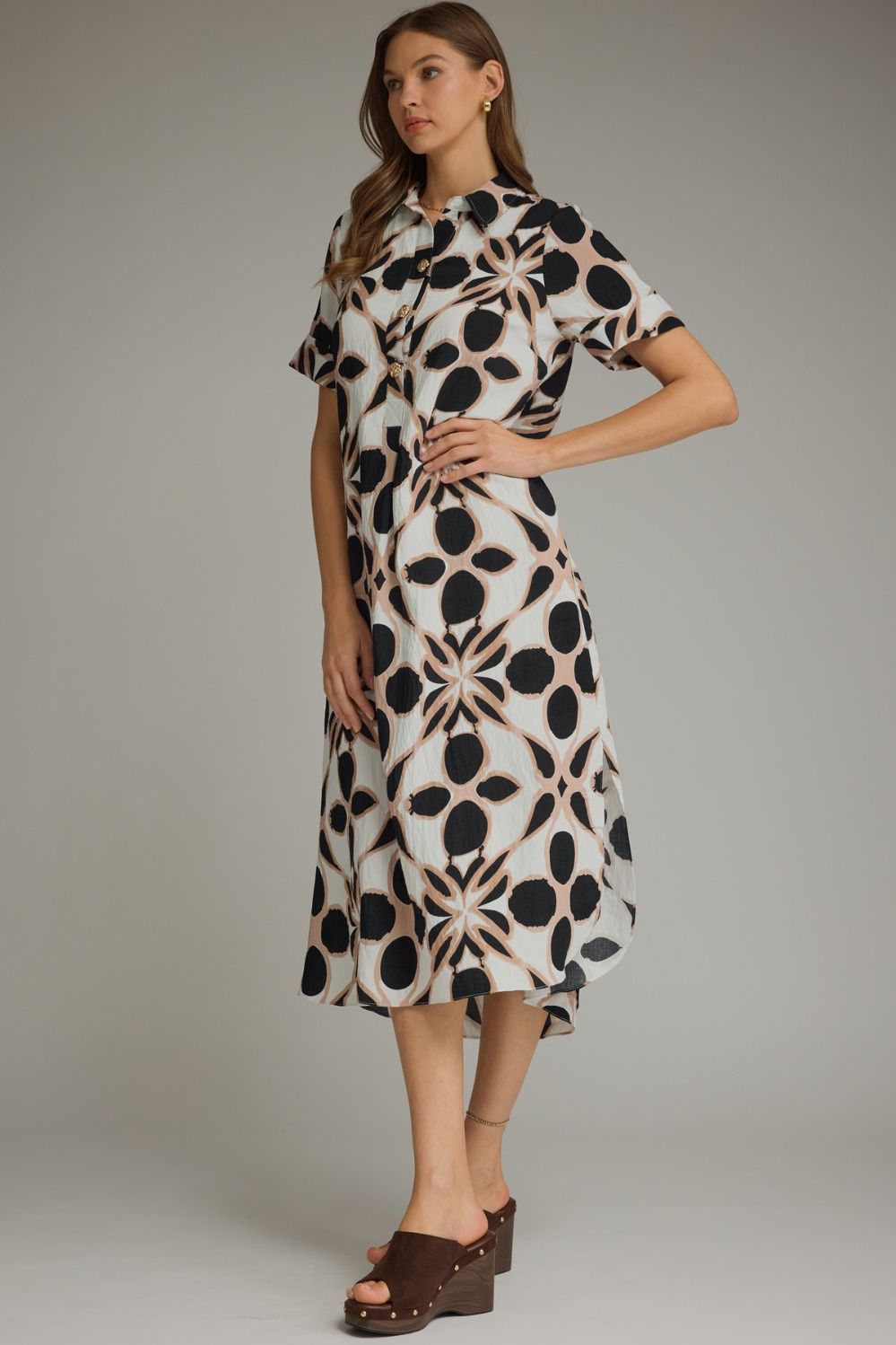 ENTRO INC Women's Dresses Pattern Print Short Sleeve Midi Shirt Dress