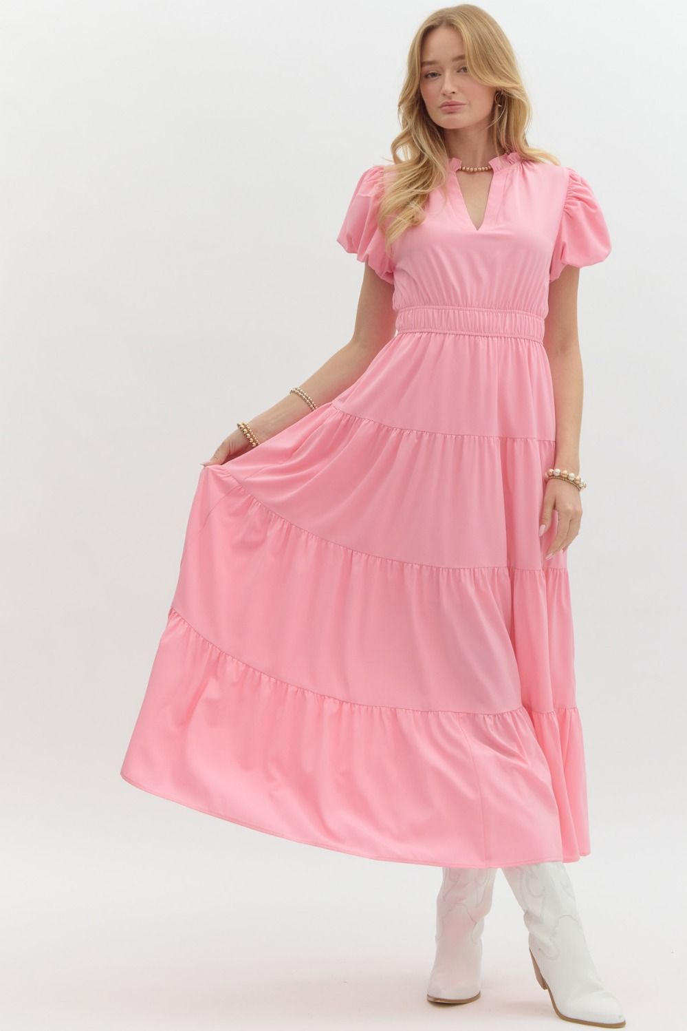 ENTRO INC Women's Dresses V-Neck Bubble Sleeve Tiered Midi Dress || David's Clothing