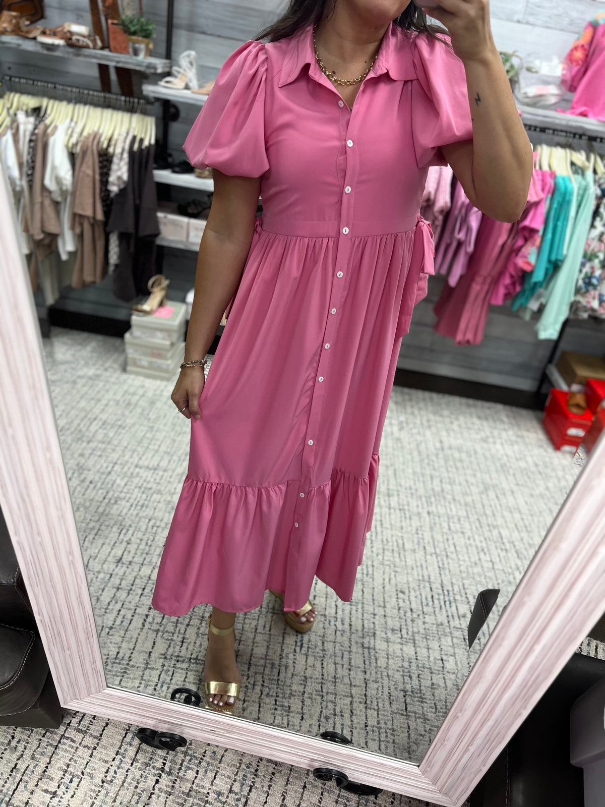 ENTRO INC Women's Dresses PINK / M Shirt Collar Button Closure Short Bubble Sleeve Midi Dress D26615