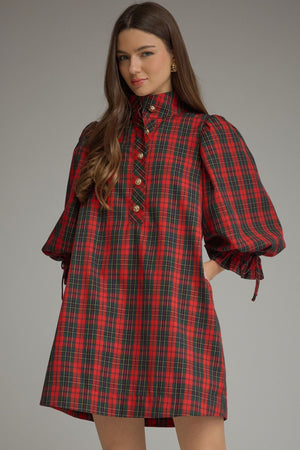ENTRO INC Women's Dresses Plaid ¾ Balloon Sleeve Mini Dress