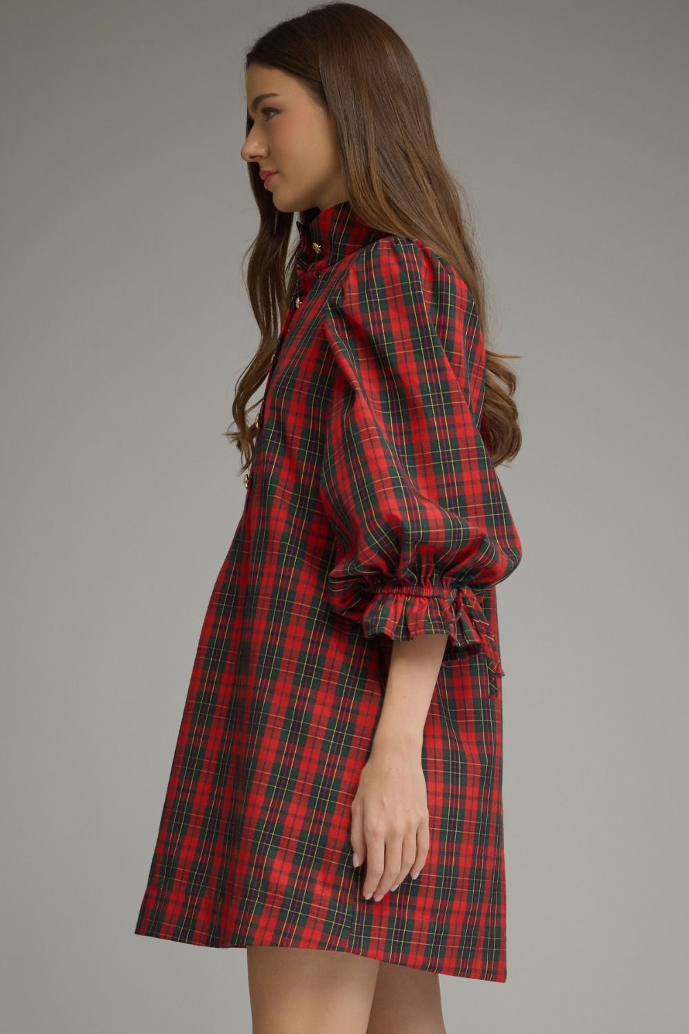 ENTRO INC Women's Dresses Plaid ¾ Balloon Sleeve Mini Dress