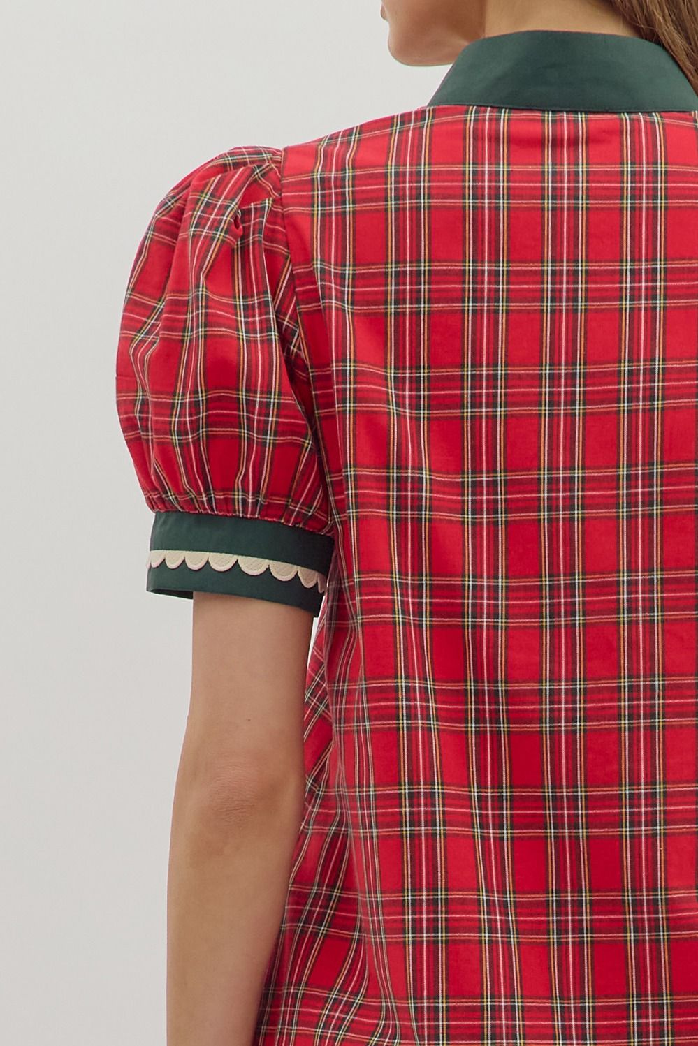 ENTRO INC Women's Dresses Plaid Pattern Short Puff Sleeve Mini Dress