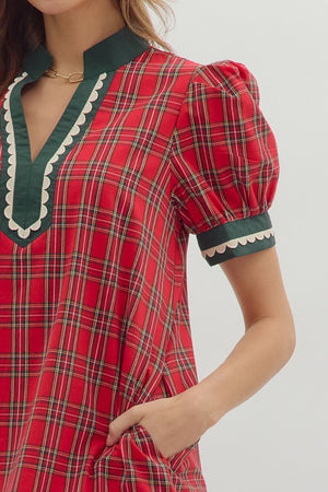 ENTRO INC Women's Dresses Plaid Pattern Short Puff Sleeve Mini Dress