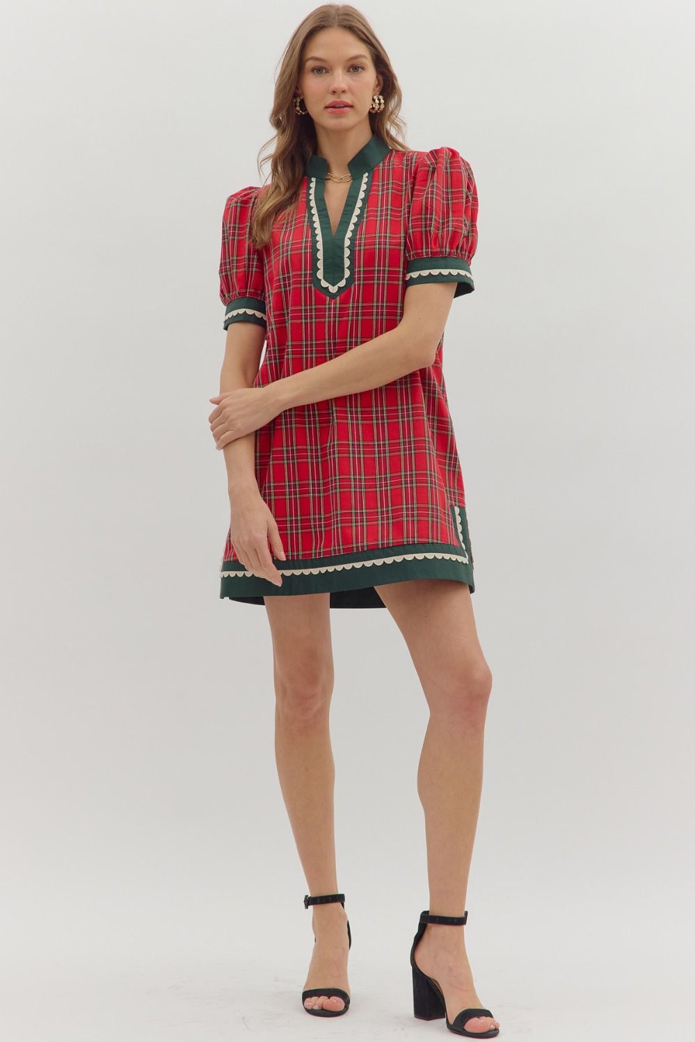 ENTRO INC Women's Dresses Plaid Pattern Short Puff Sleeve Mini Dress