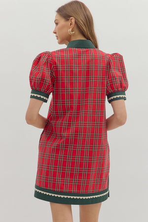 ENTRO INC Women's Dresses Plaid Pattern Short Puff Sleeve Mini Dress
