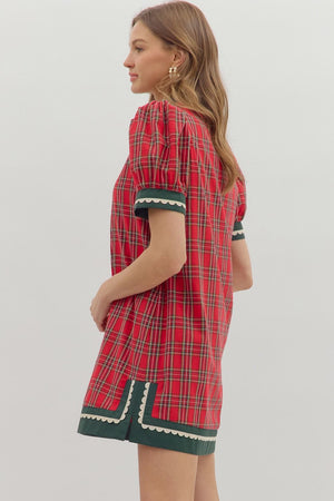 ENTRO INC Women's Dresses Plaid Pattern Short Puff Sleeve Mini Dress