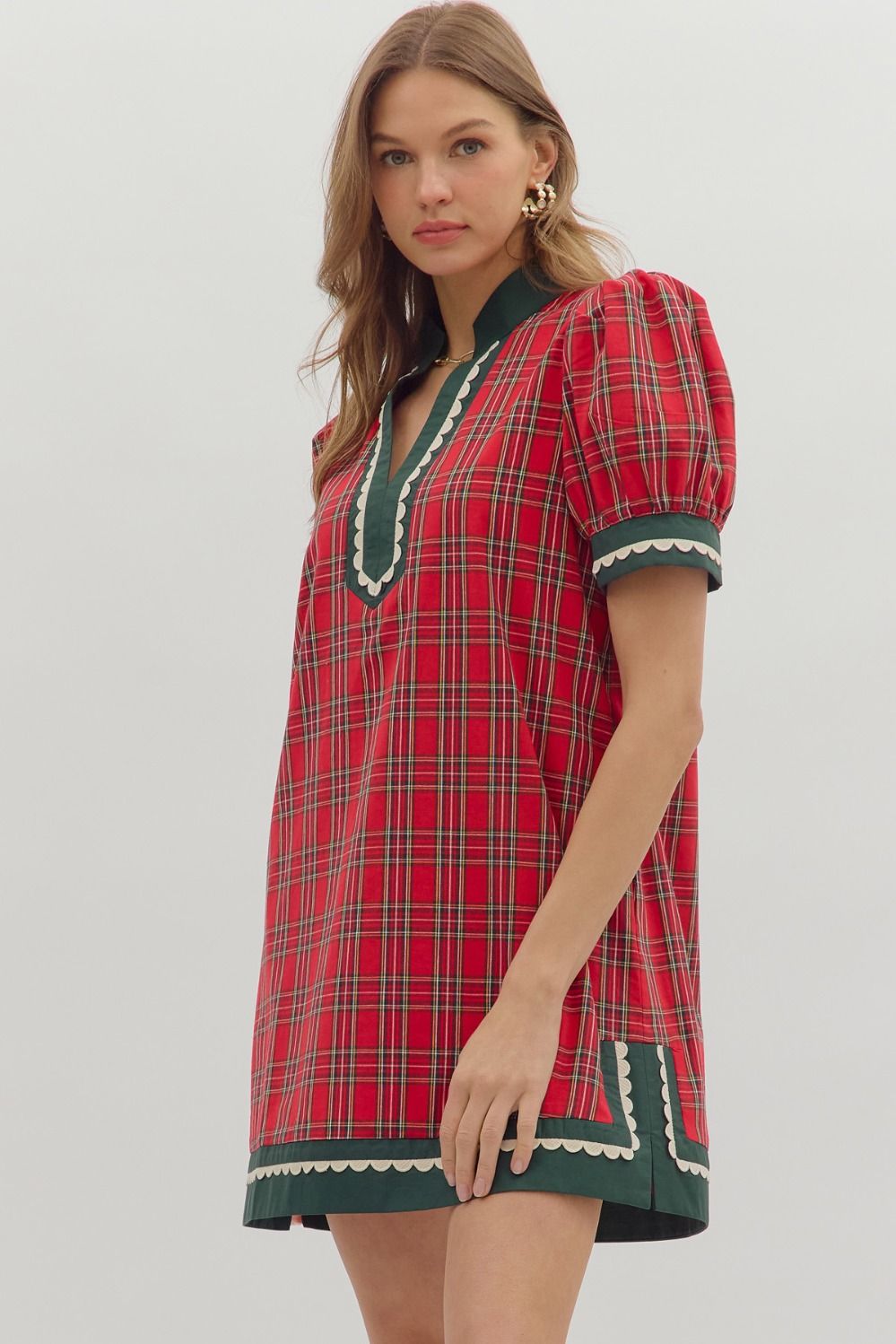 ENTRO INC Women's Dresses Plaid Pattern Short Puff Sleeve Mini Dress