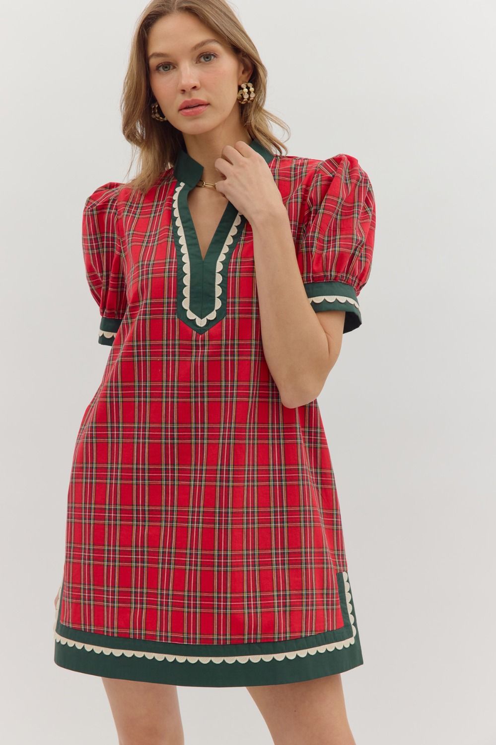 ENTRO INC Women's Dresses Plaid Pattern Short Puff Sleeve Mini Dress