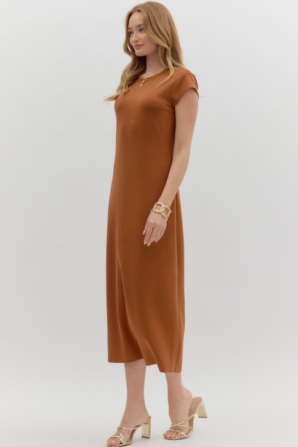 ENTRO INC Women's Dresses Solid Cap Sleeve Pullover Midi Dress