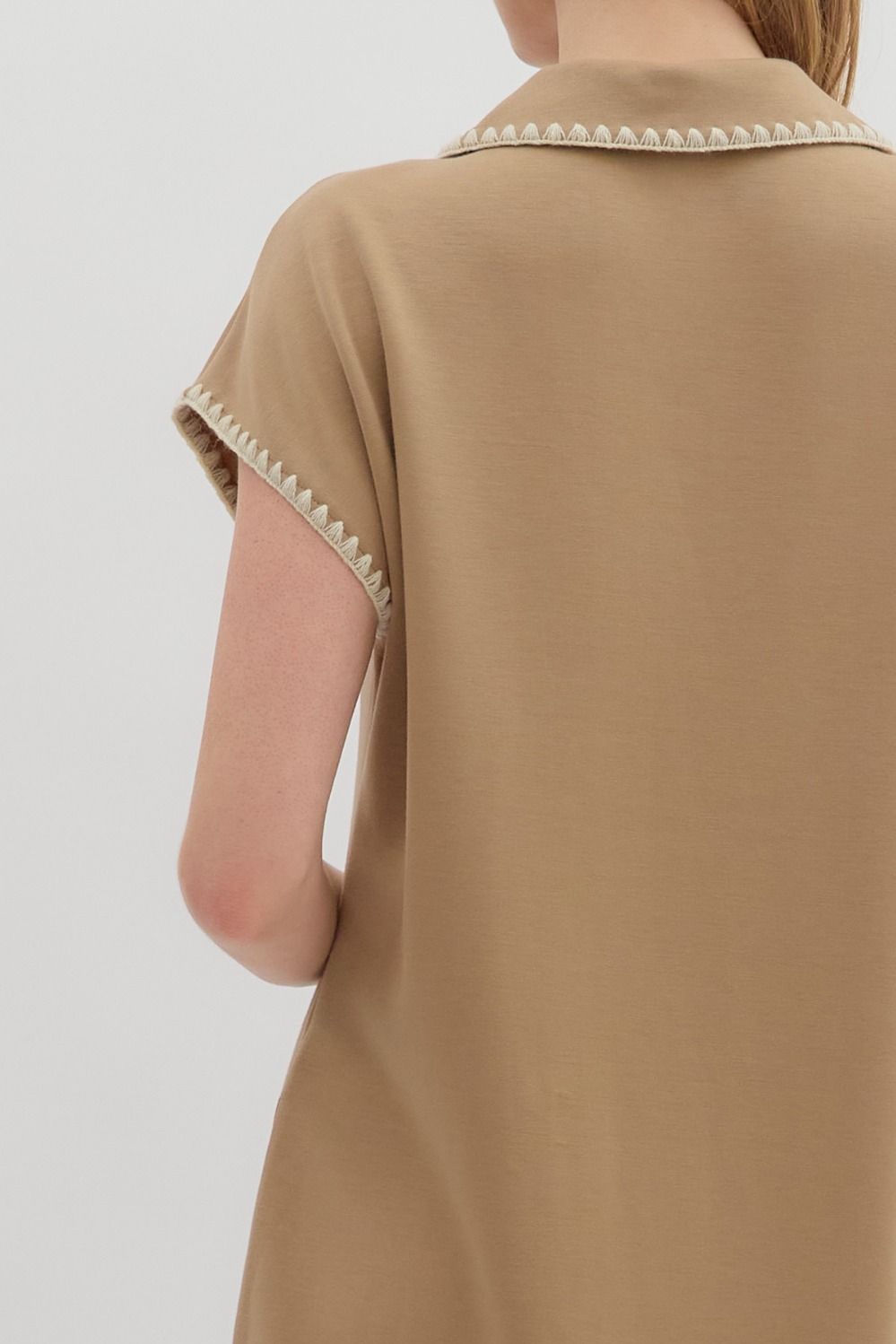 ENTRO INC Women's Dresses Solid Jersey Spread Collar Short Sleeve Side Slit Pullover Midi Dress