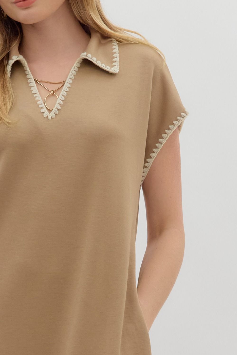 ENTRO INC Women's Dresses Solid Jersey Spread Collar Short Sleeve Side Slit Pullover Midi Dress