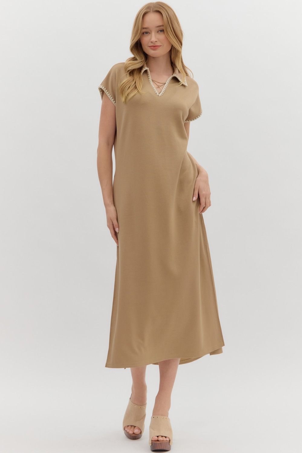 ENTRO INC Women's Dresses Solid Jersey Spread Collar Short Sleeve Side Slit Pullover Midi Dress