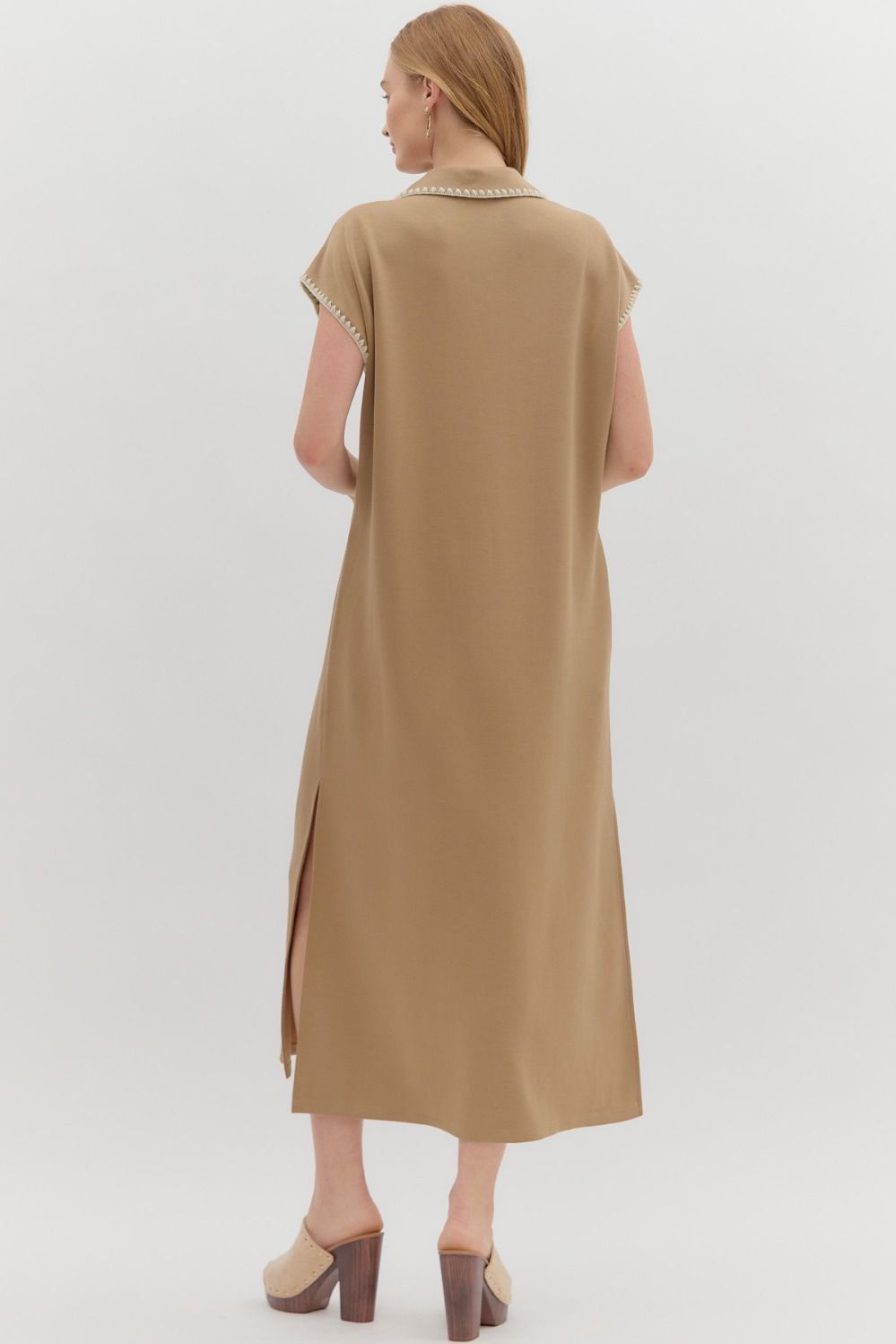 ENTRO INC Women's Dresses Solid Jersey Spread Collar Short Sleeve Side Slit Pullover Midi Dress