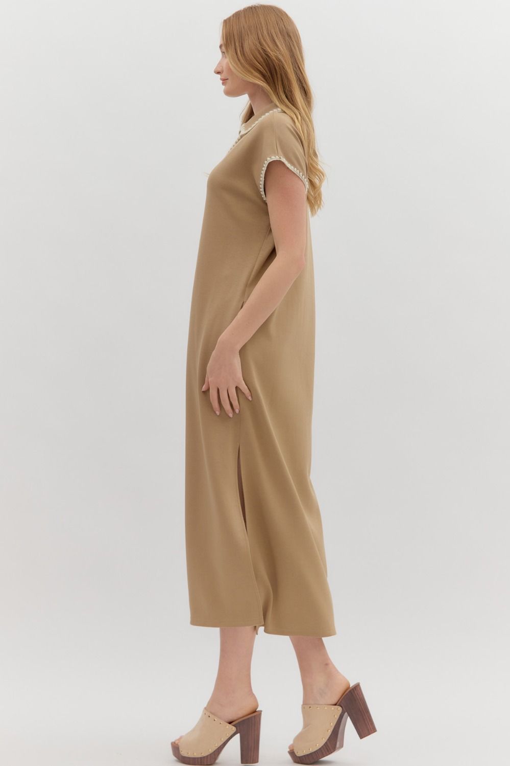 ENTRO INC Women's Dresses Solid Jersey Spread Collar Short Sleeve Side Slit Pullover Midi Dress