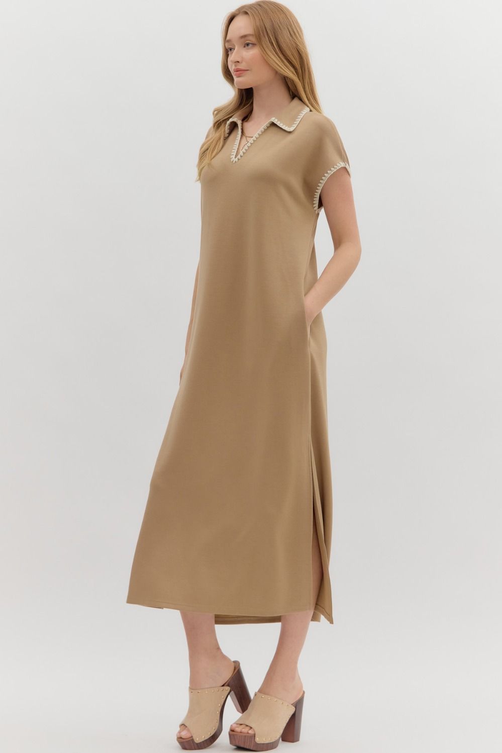 ENTRO INC Women's Dresses Solid Jersey Spread Collar Short Sleeve Side Slit Pullover Midi Dress