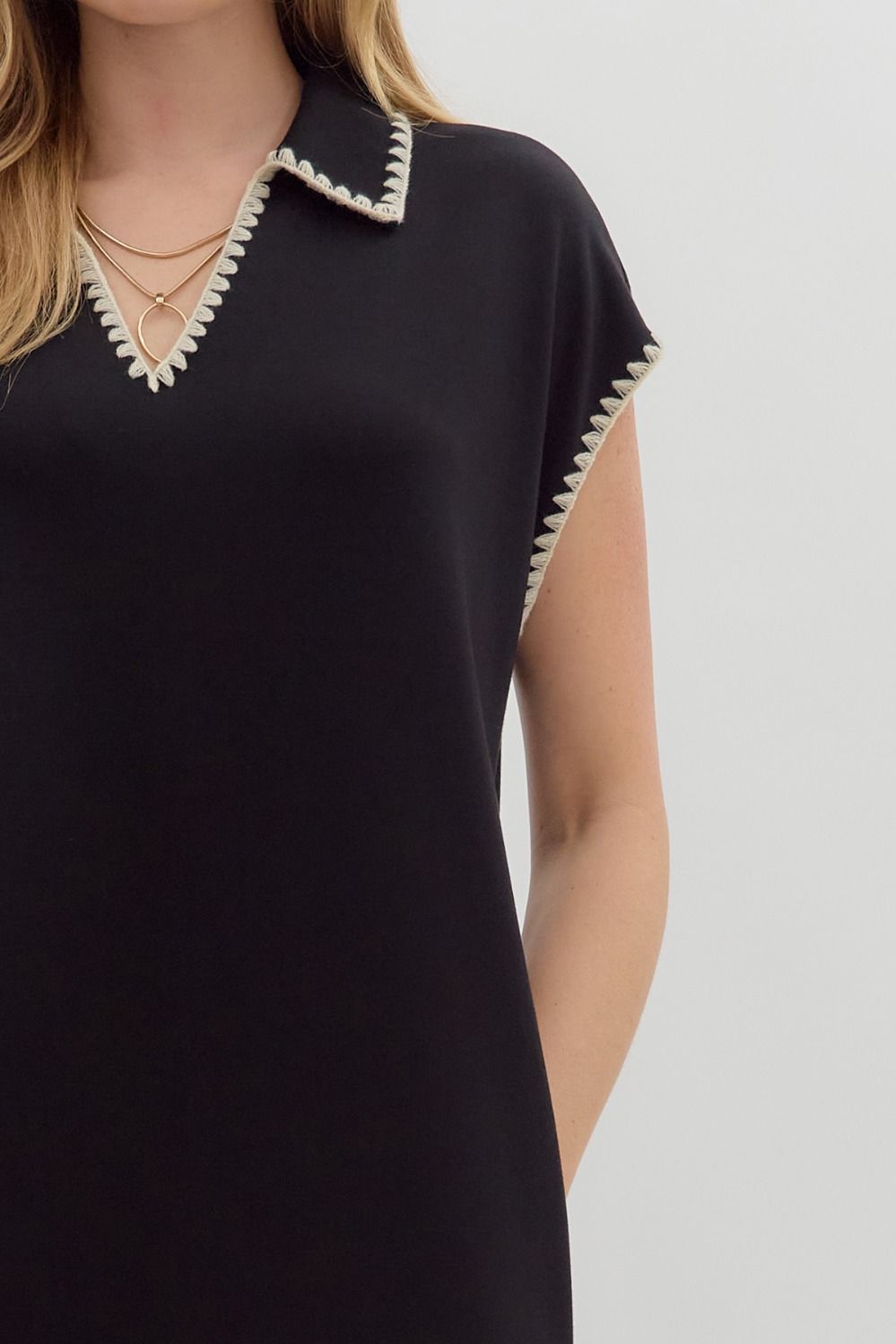 ENTRO INC Women's Dresses Solid Jersey Spread Collar Short Sleeve Side Slit Pullover Midi Dress