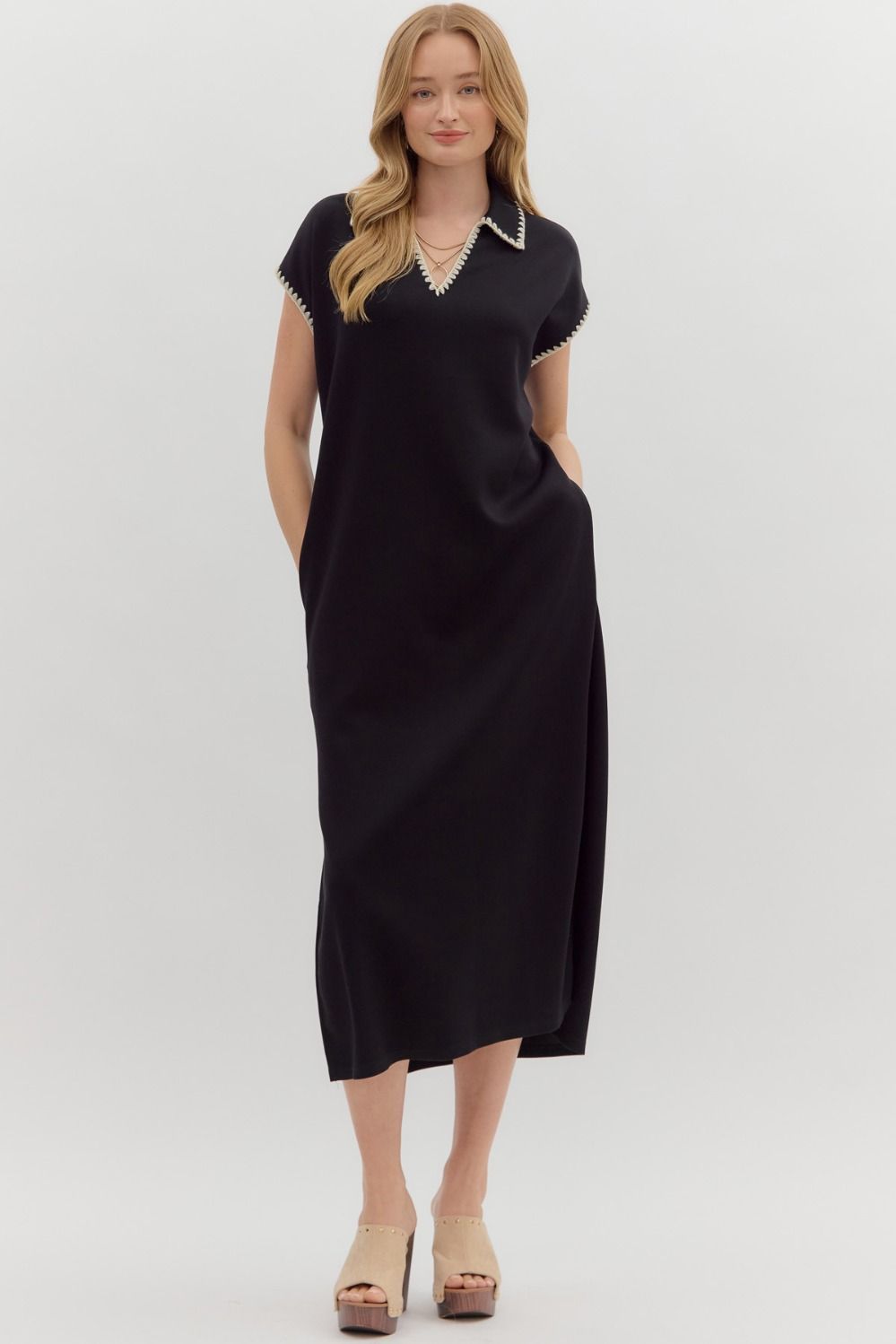 ENTRO INC Women's Dresses Solid Jersey Spread Collar Short Sleeve Side Slit Pullover Midi Dress