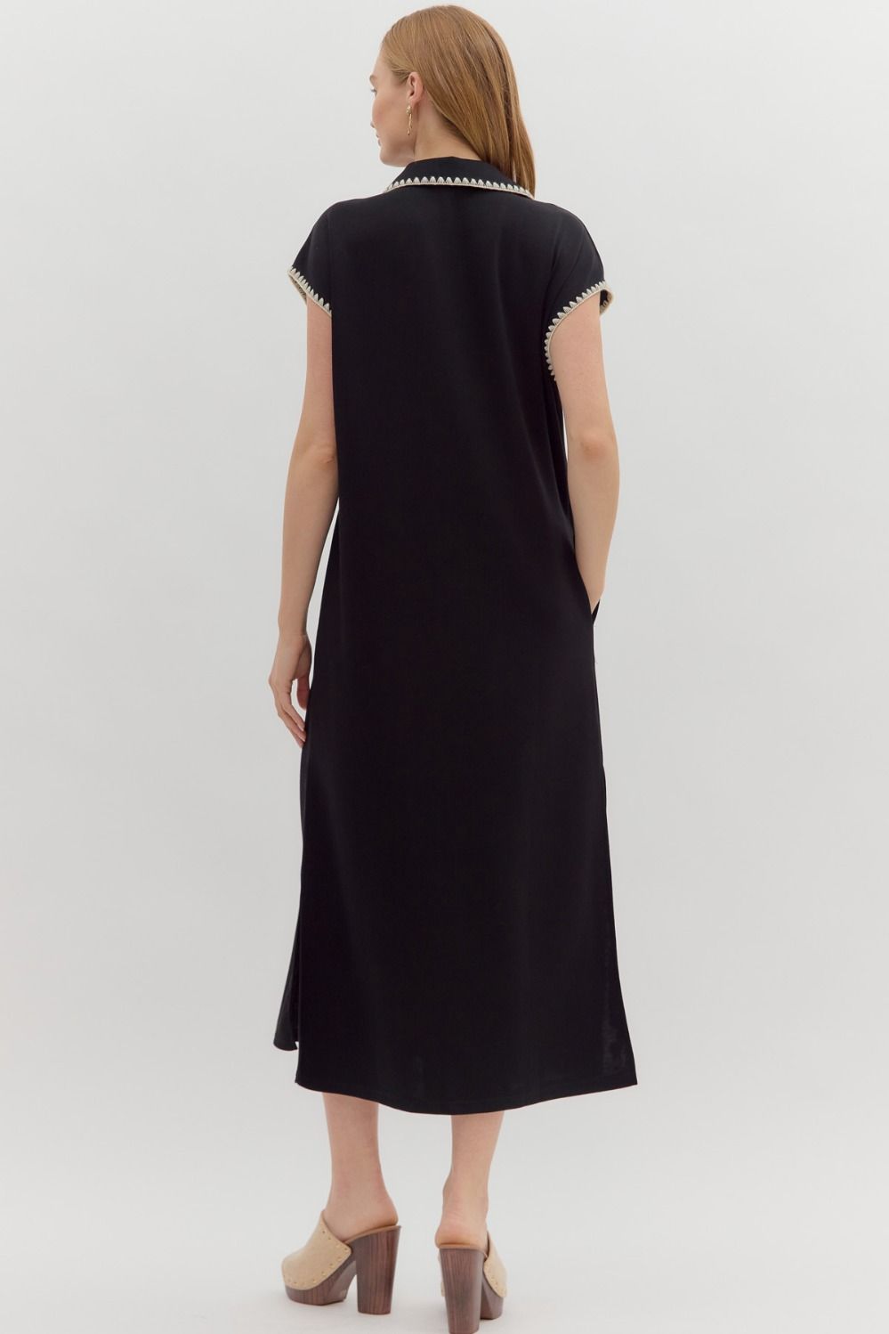 ENTRO INC Women's Dresses Solid Jersey Spread Collar Short Sleeve Side Slit Pullover Midi Dress