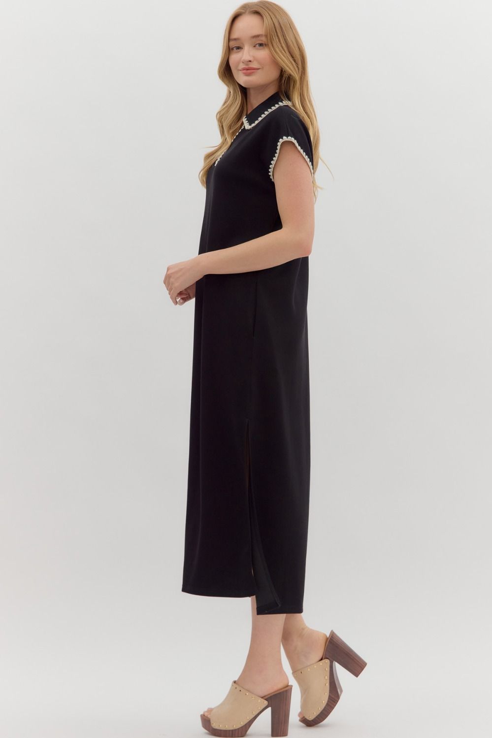 ENTRO INC Women's Dresses Solid Jersey Spread Collar Short Sleeve Side Slit Pullover Midi Dress