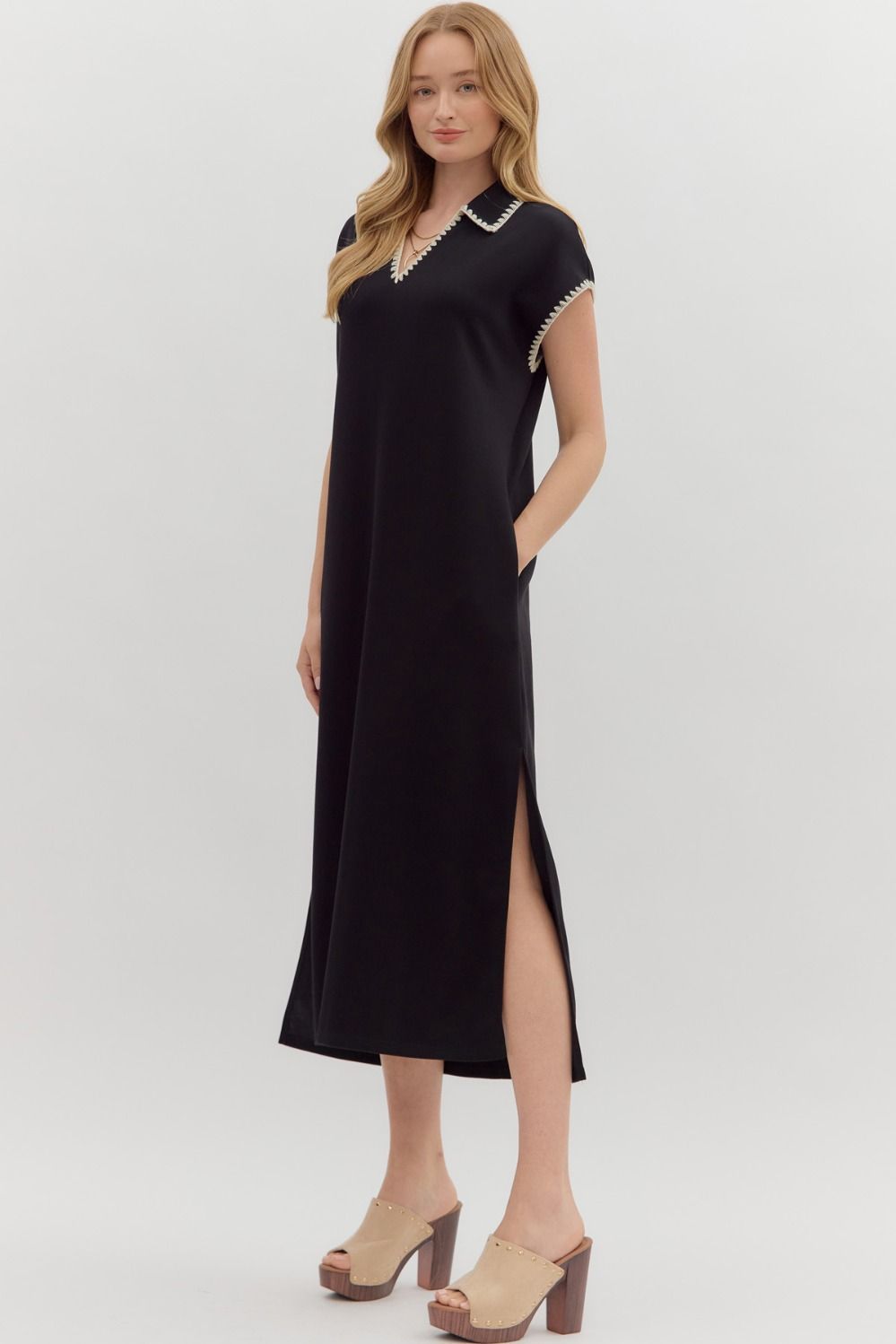 ENTRO INC Women's Dresses BLACK / S Solid Jersey Spread Collar Short Sleeve Side Slit Pullover Midi Dress D28108