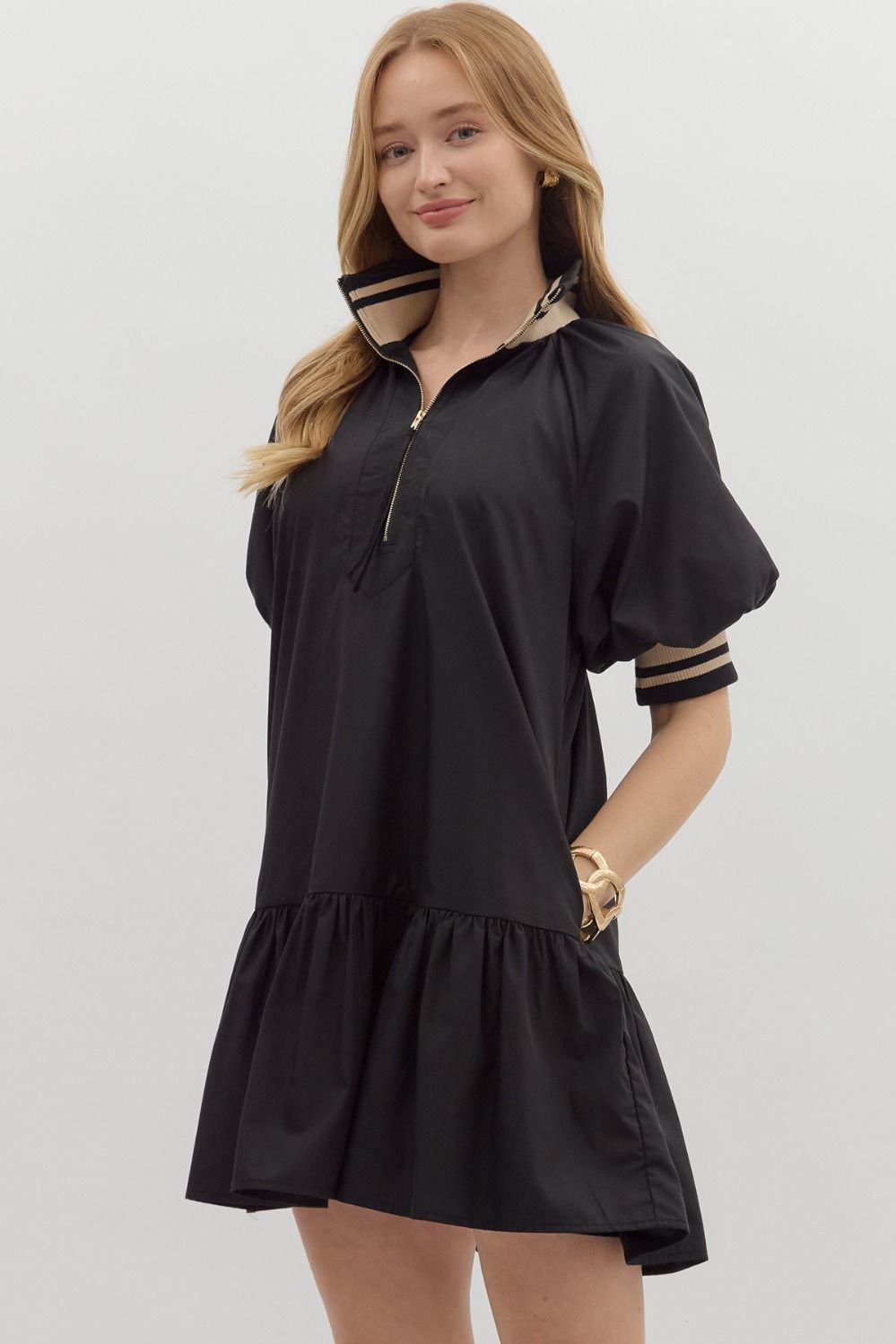 ENTRO INC Women's Dresses Solid Puff Sleeve Ruffle Hem Mini Dress